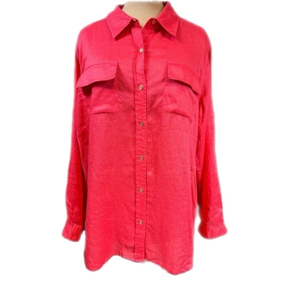 Calvin Klein 100% Linen Red Long Sleeve Top w/ Stretch Side $ Roll Tab Sleeve 2X - Picture 1 of 10